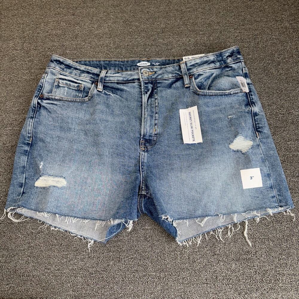 Old Navy O.G. Shorts Women 18 Blue Denim Distressed Stretch High Rise Frayed Hem
